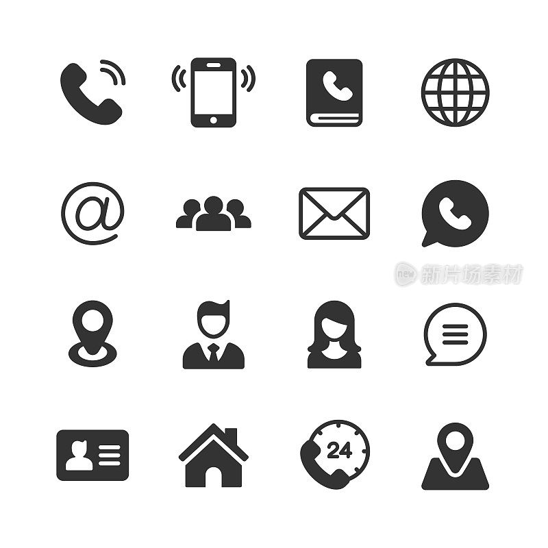 Contact Us Glyph Icons. Pixel Perfect. For Mobile and Web. Contains such icons as Telephone, Support, Location, Home, Business Card.